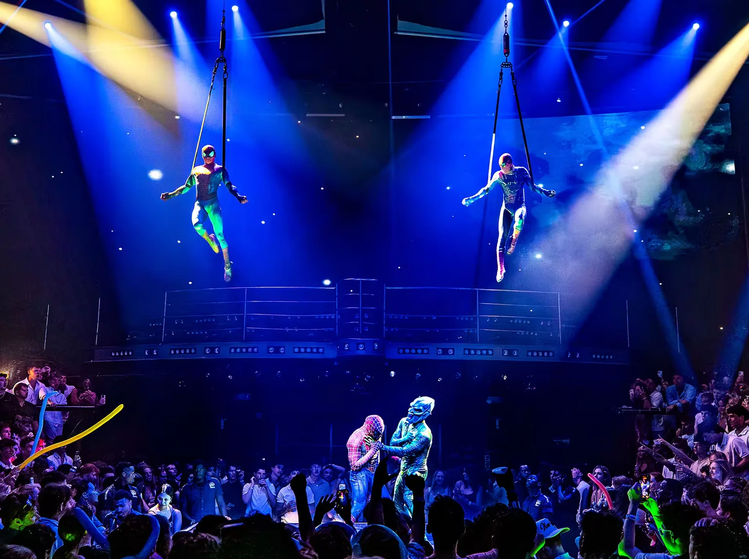 Acrobatic performers above the crowd during a Coco Bongo Punta Cana show