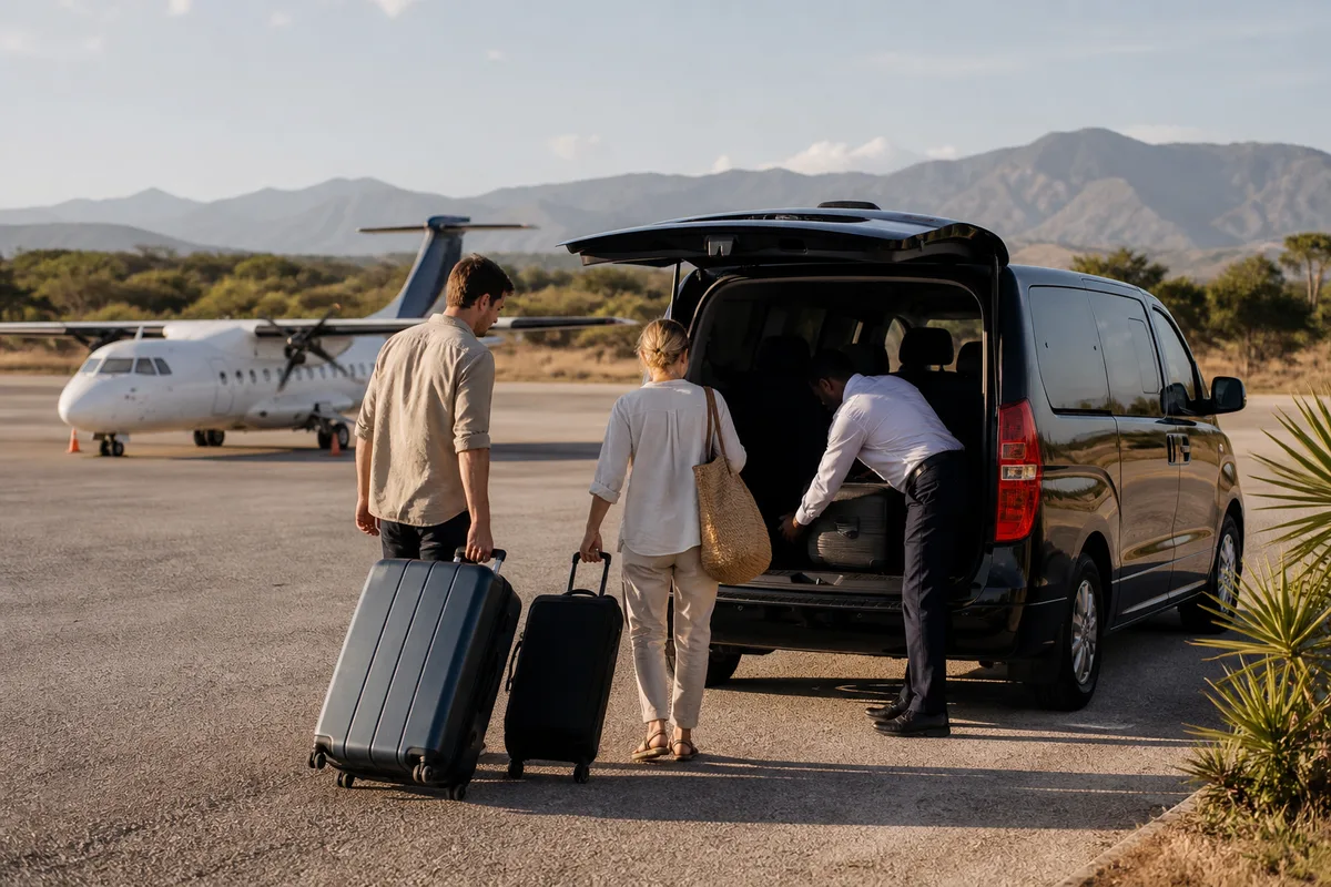 Chauffeur helping travellers with luggage before a private airport transfer