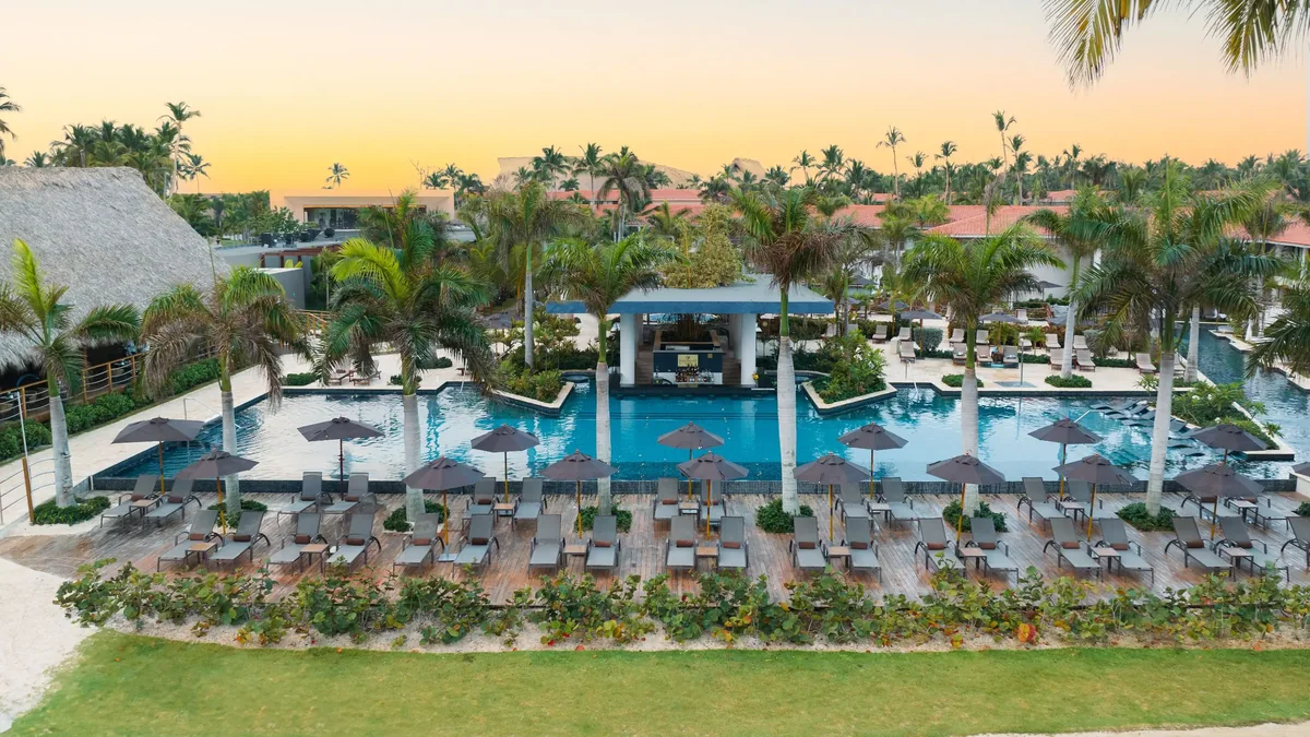 Aerial view of the Preferred Club family pool at Dreams Flora Resort & Spa