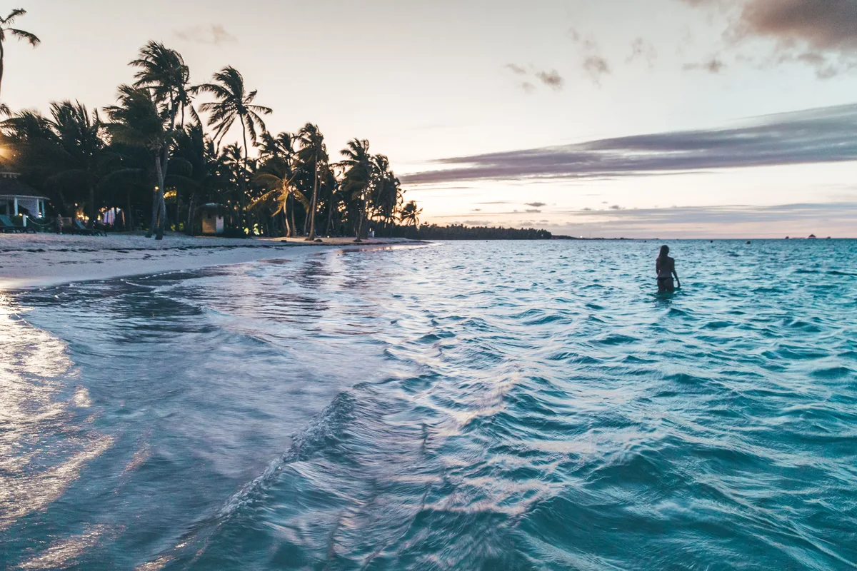 Traveller standing in the water beside a palm-lined Punta Cana beach at twilight