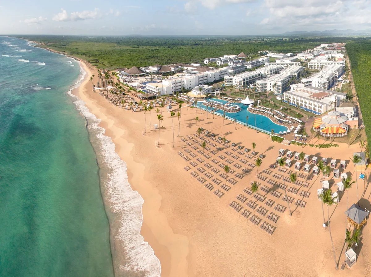 Aerial view of the resort grounds and beachfront at Nickelodeon Hotels & Resorts Punta Cana