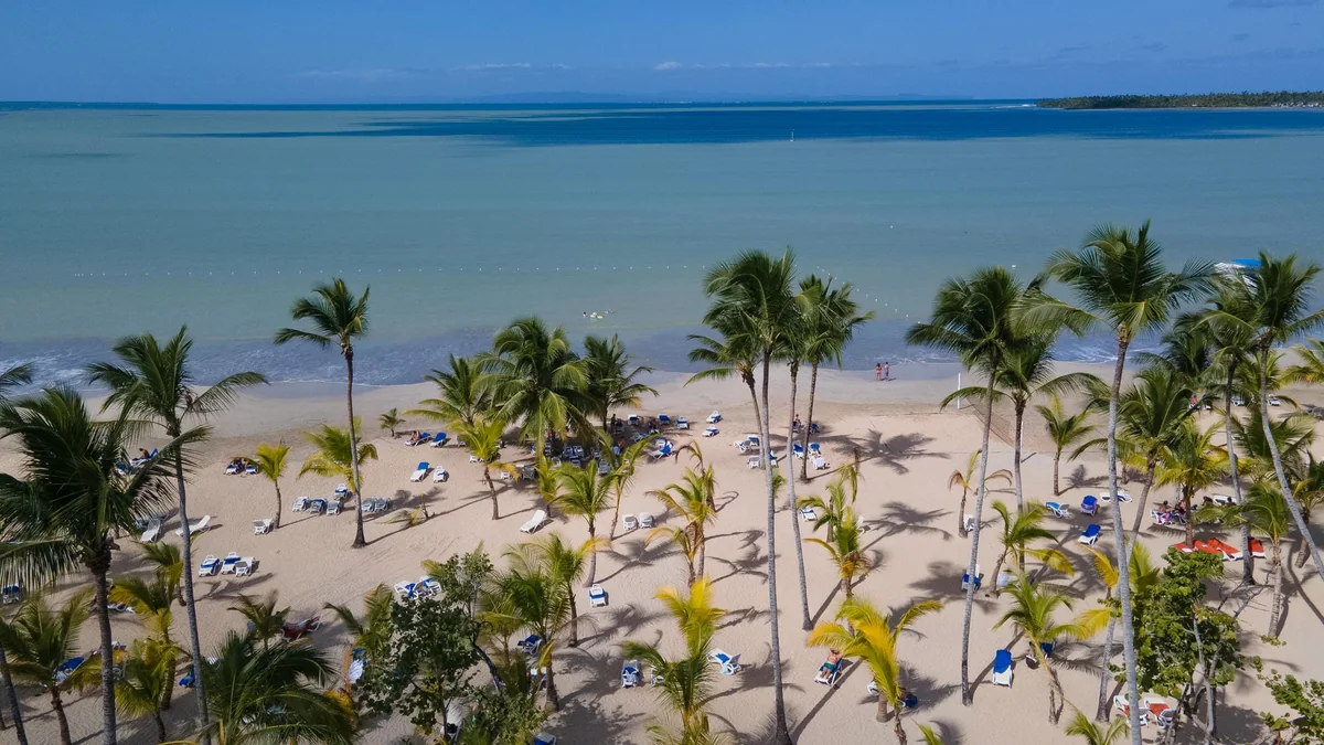 Palm-lined beach and sun loungers at Viva Miches by Wyndham