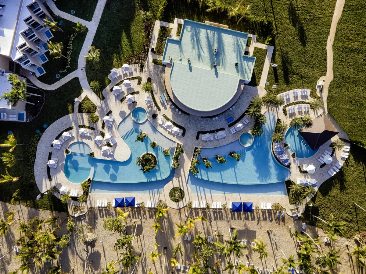 Overhead view of the Viva Miches pools and beachside grounds