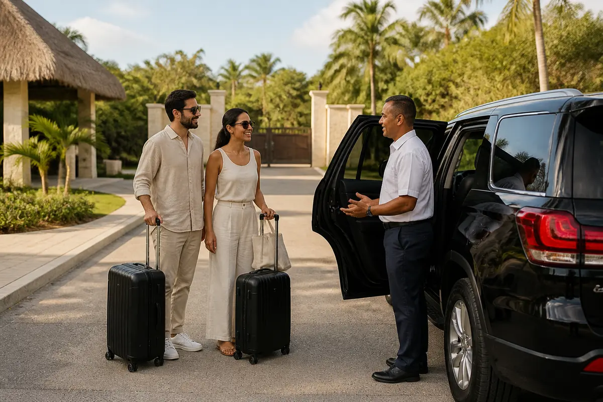 Couple with luggage meeting a driver beside an SUV near La Romana