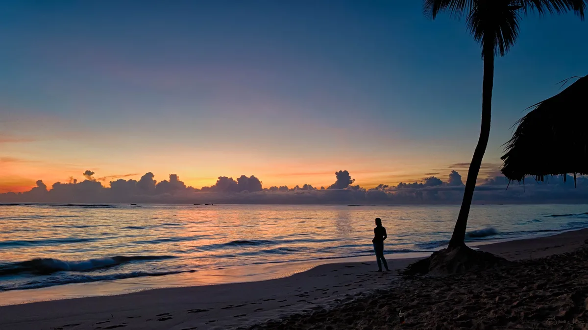 Silhouetted palm trees and a person beside the sea at golden hour in Punta Cana