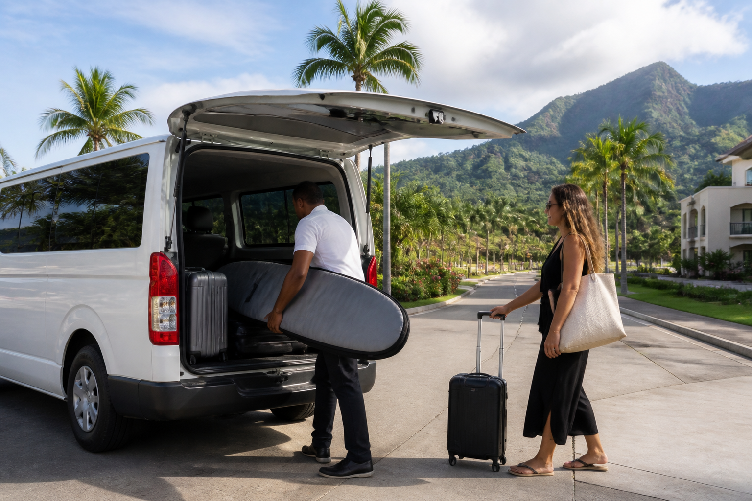 Transfer van loading surfboard bag near Puerto Plata