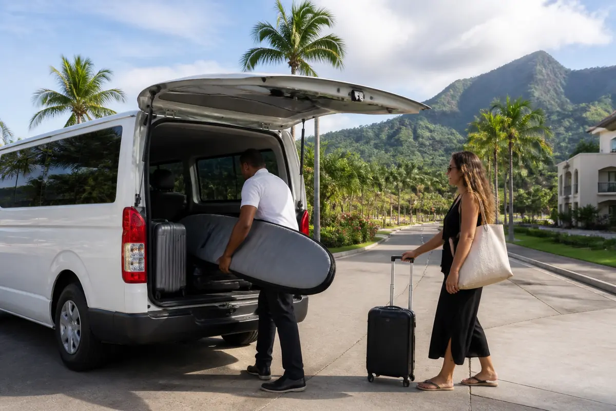 Transfer van loading surfboard bag near Puerto Plata
