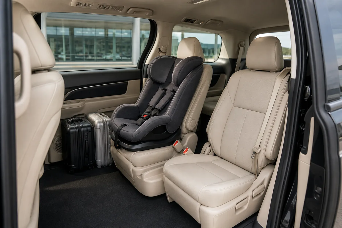 Minivan with a child seat prepared for an airport transfer
