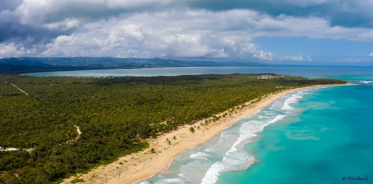 Playa Esmeralda beach, green coastal vegetation and open bay in Miches