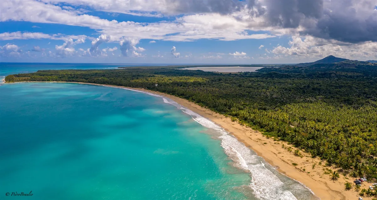 Aerial view of the curving Playa Esmeralda shoreline and turquoise sea in Miches