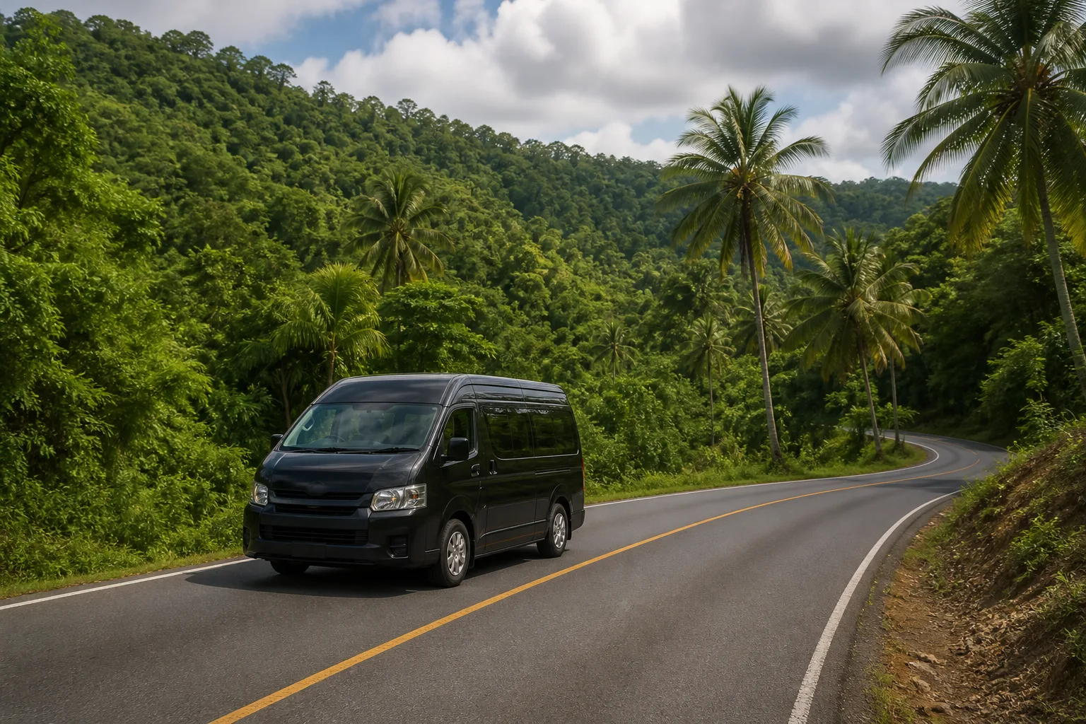 Furgoneta privada viajando por una carretera verde de la península de Samaná.