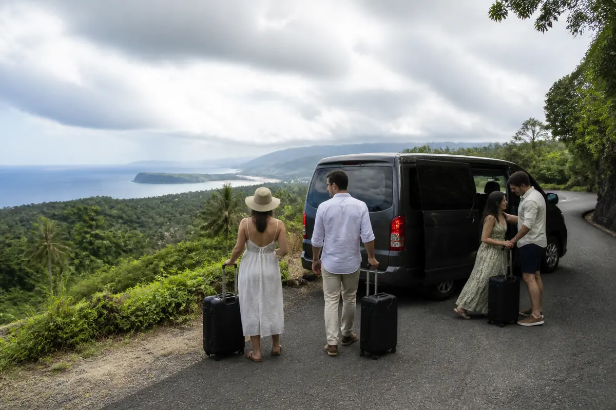 Private van on a green Samaná peninsula road