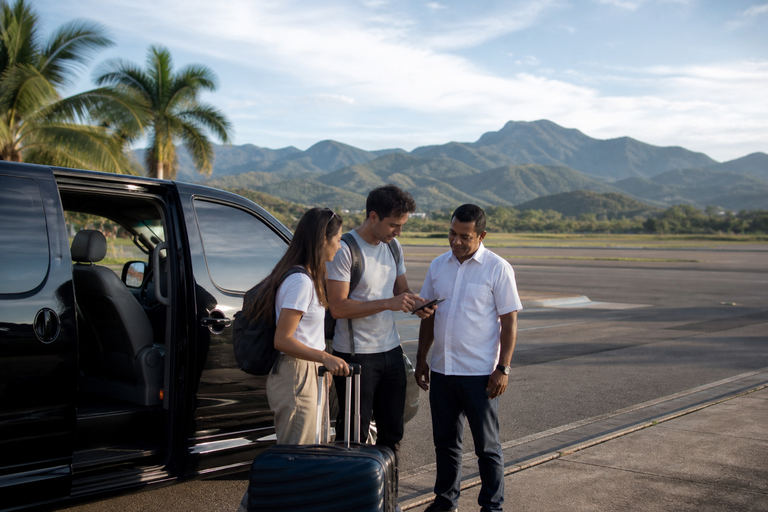 Travellers meeting a driver near Santiago Airport with mountains in the background