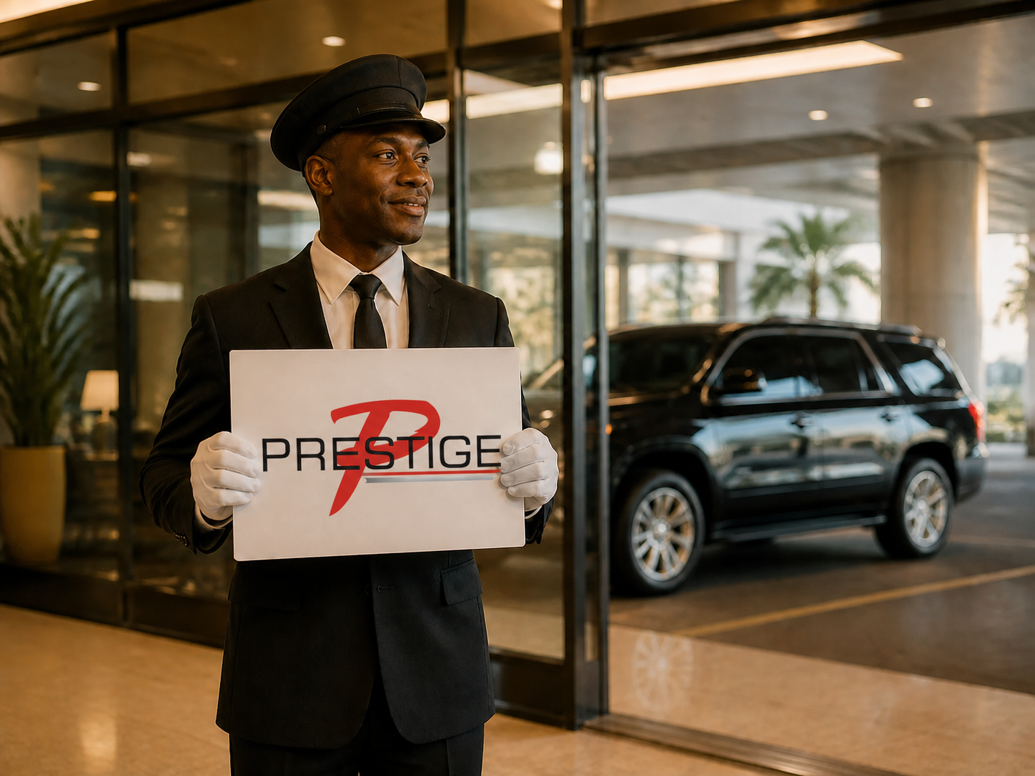 Chauffeur waiting for arriving guests with the Prestige logo