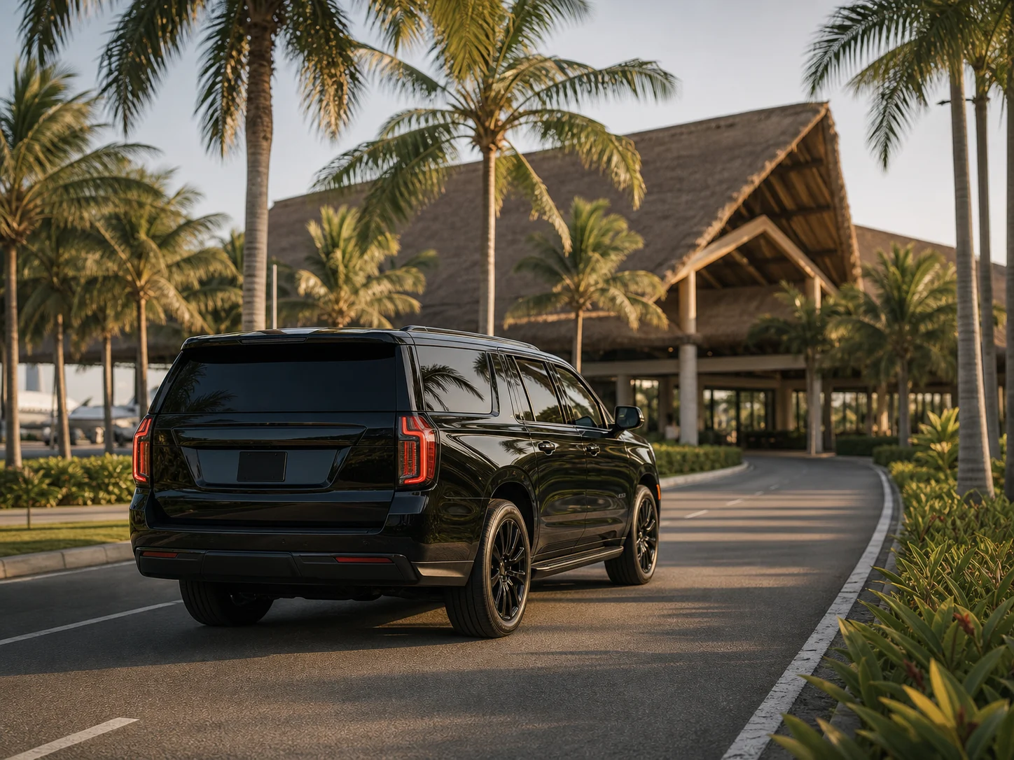 Luxury SUV arriving at a tropical resort
